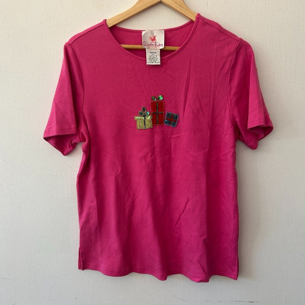 Quacker Factory VINTAGE Christmas T-shirt Womens Medium Pink Holiday Sequins